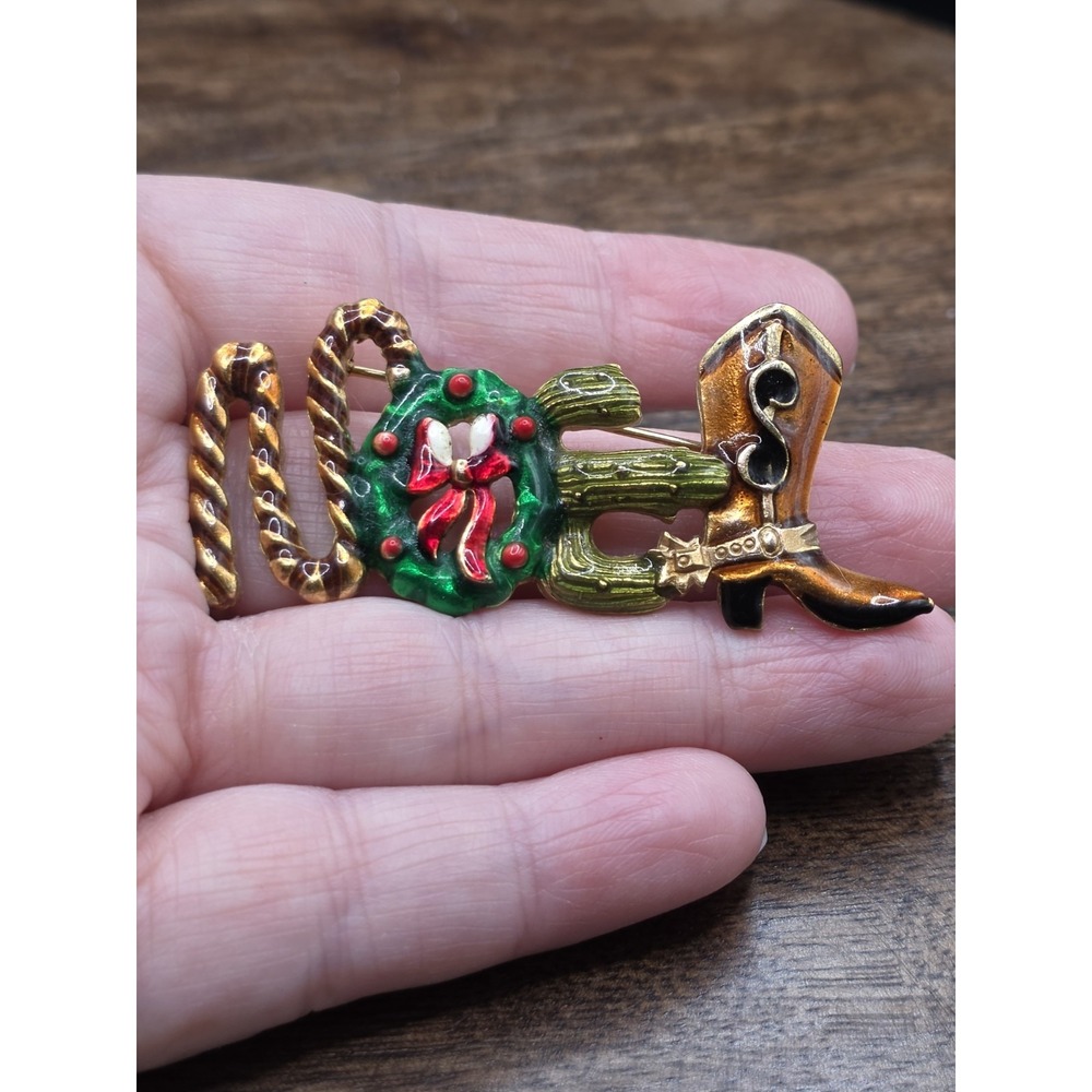 Don Lin Christmas NOEL Boot Cactus Vintage Figural Brooch